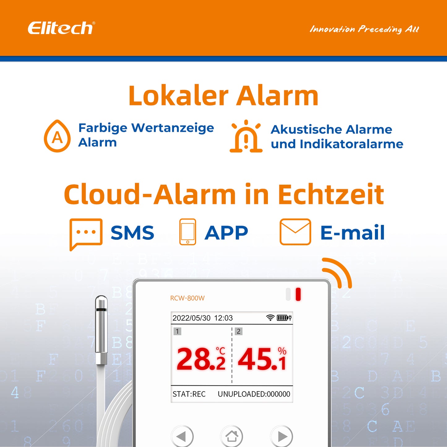 Elitech RCW-800W-THE Kabelloser Datenlogger für Temperatur und Luftfeuchtigkeit, WIFI-Fernrekorder für Kühlschränke