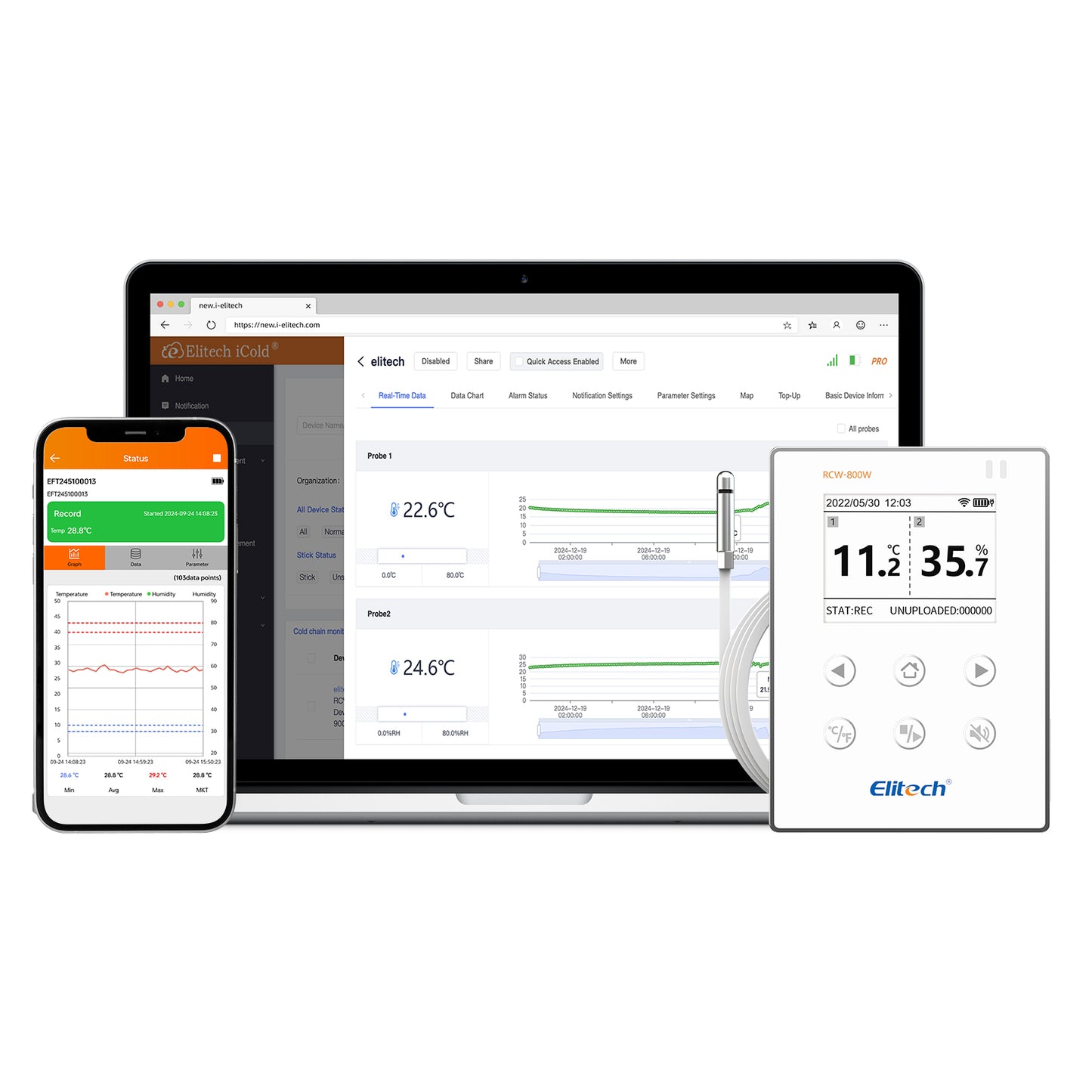 Elitech RCW-800W-THE Kabelloser Datenlogger für Temperatur und Luftfeuchtigkeit, WIFI-Fernrekorder für Kühlschränke