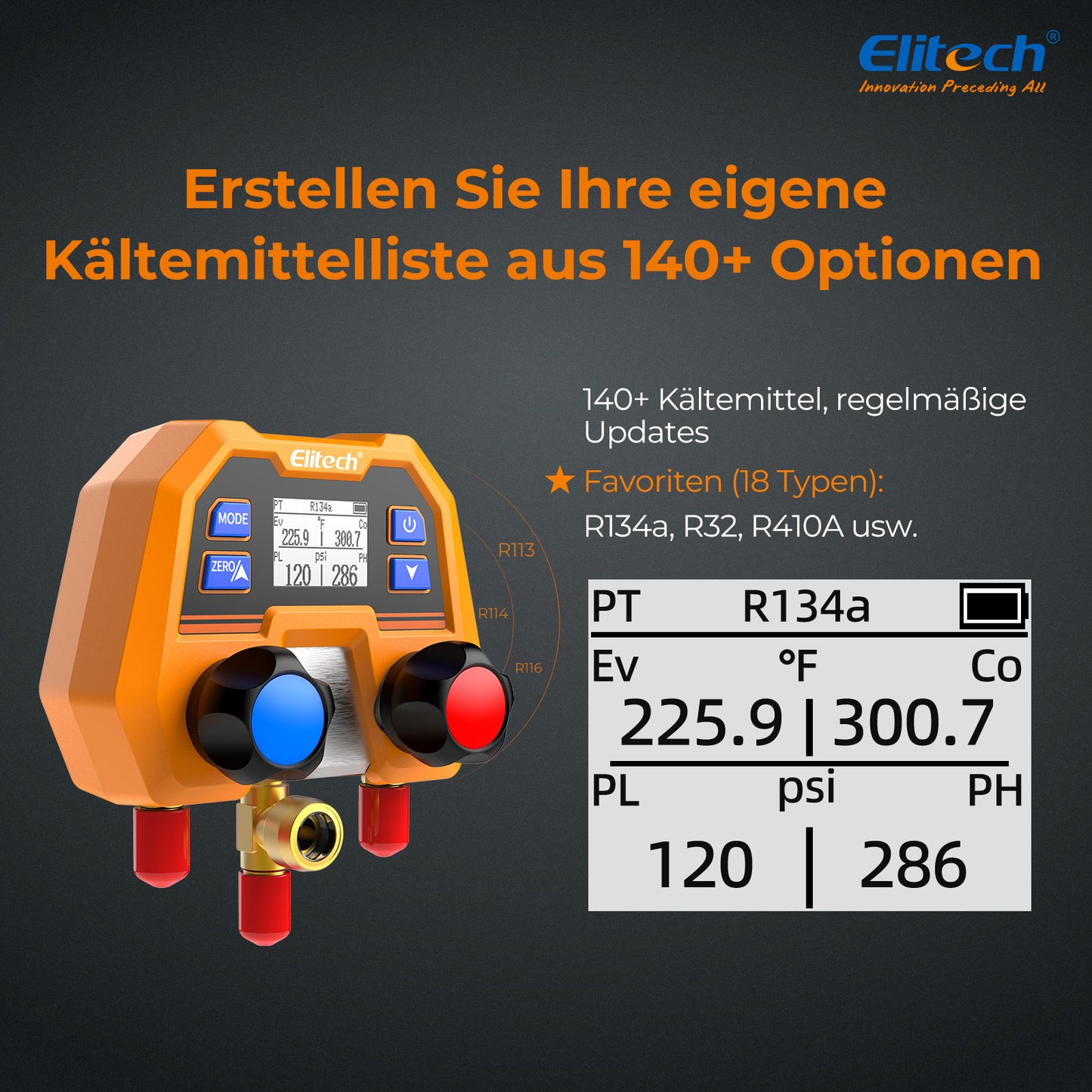 Elitech DMG-2SE Digitales Manometer für HLK-, Kälte- und Klimaanlagen – Druck- und Temperaturmessung, LCD-Anzeige