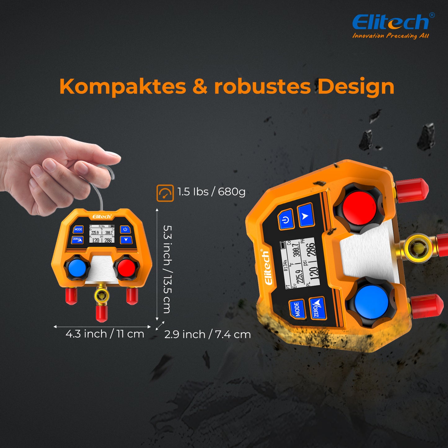 Elitech DMG-2SE Digitales Manometer für HLK-, Kälte- und Klimaanlagen – Druck- und Temperaturmessung, LCD-Anzeige