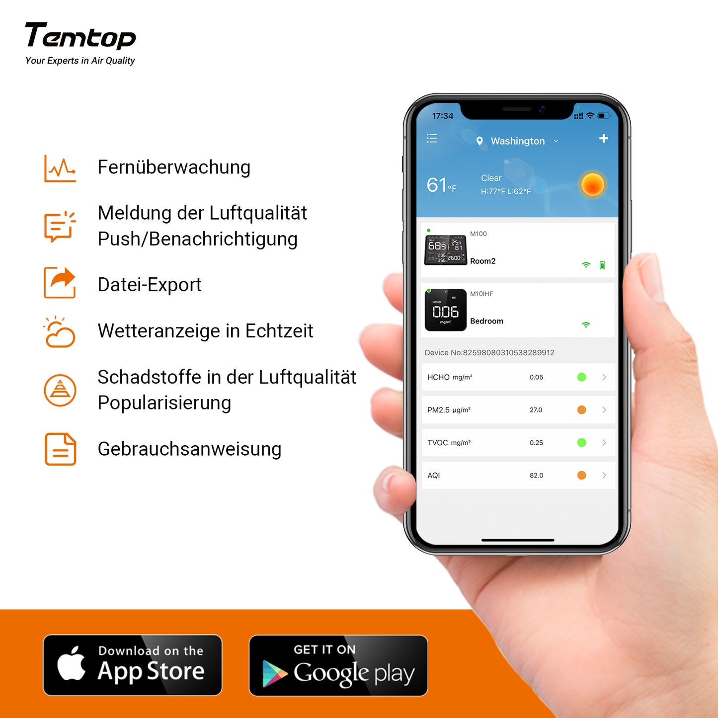 Temtop M10i WiFi-Luftqualitätsmonitor für PM2,5 TVOC AQI HCHO Formaldehyd-Detektor Echtzeit-Datenaufzeichnung