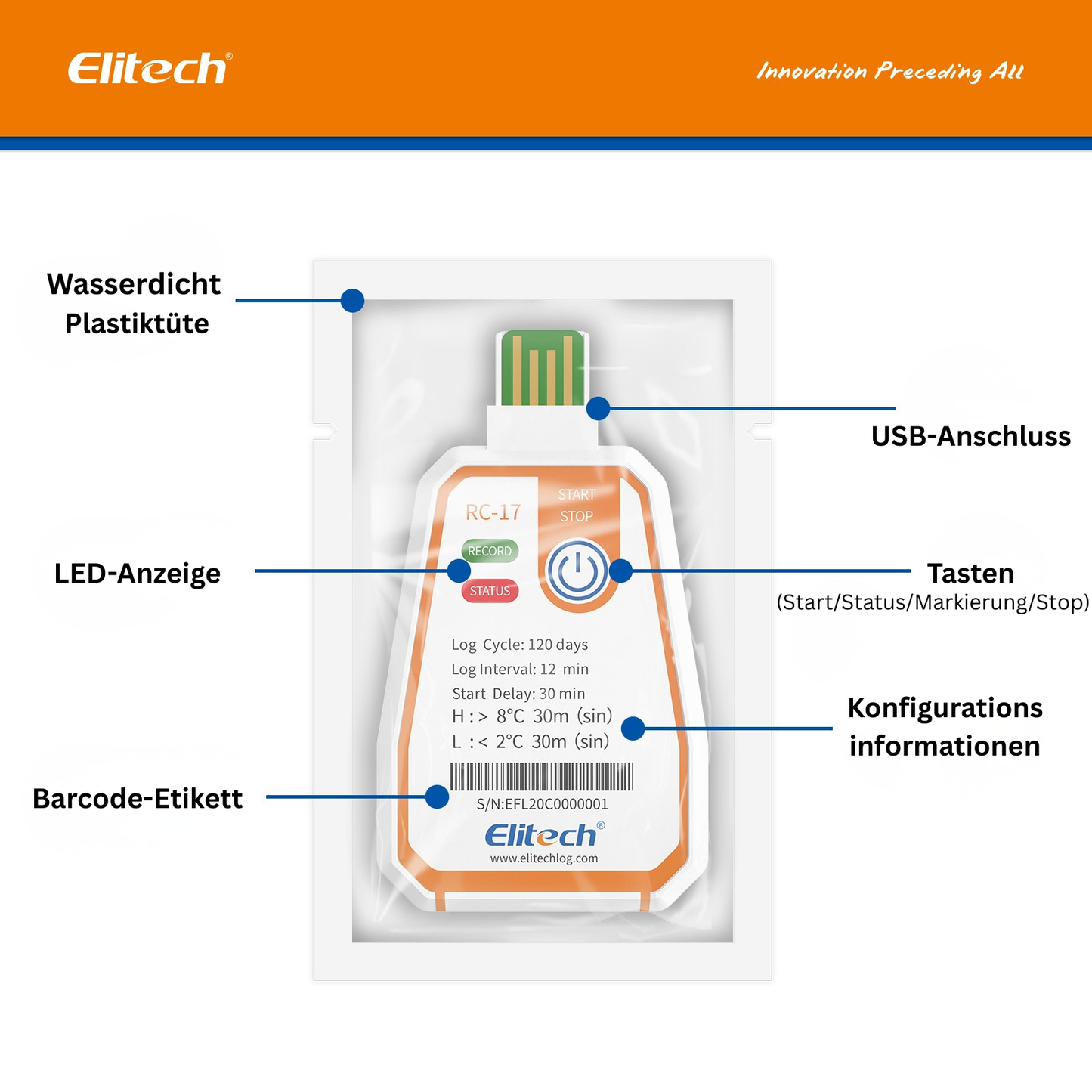 Elitech RC-17 Einweg-Temperatur-Datenlogger, USB-PDF-Bericht, Zweifarbige Anzeige