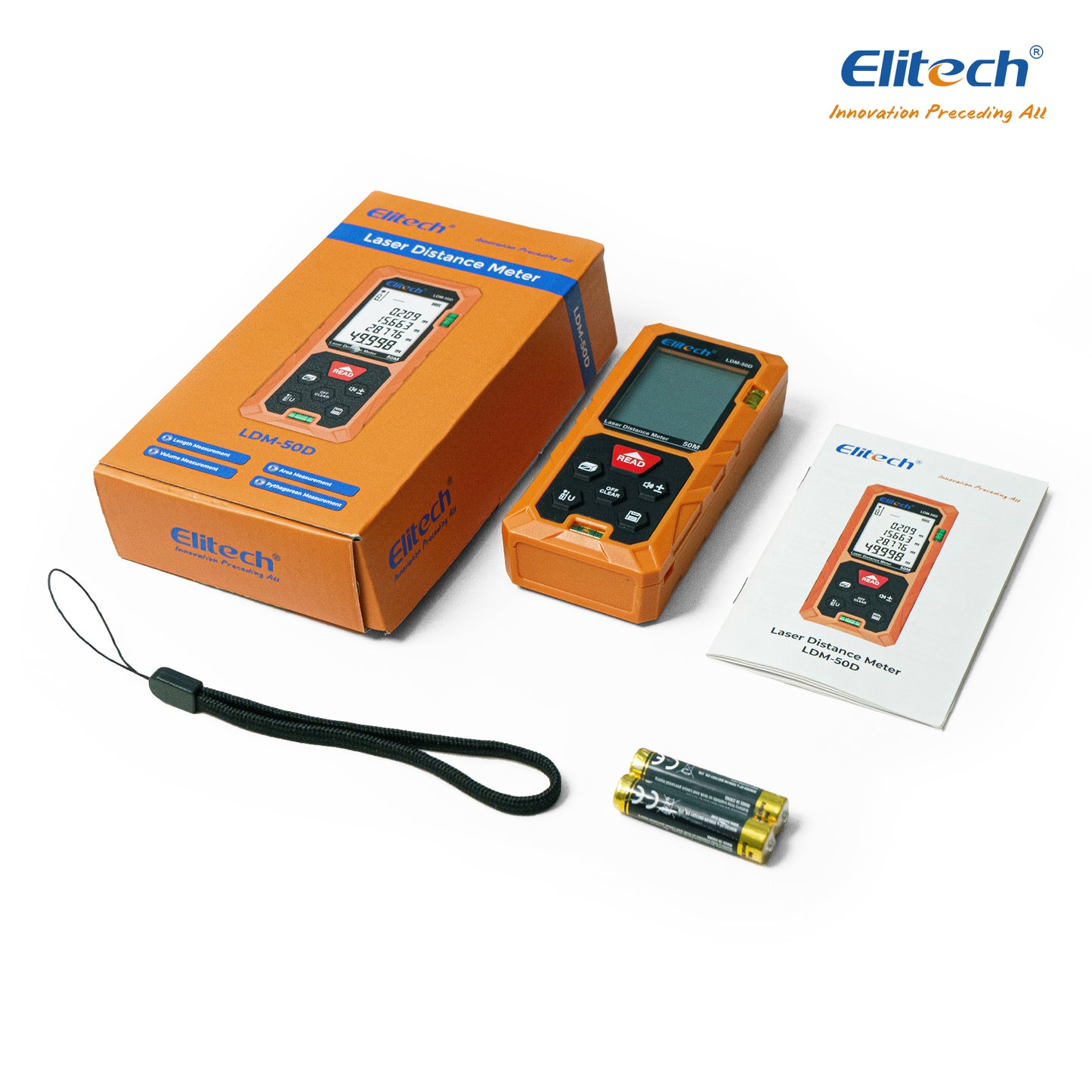 Elitech LDM-50D Laser-Entfernungsmesser 50 m, digitales Messgerät mit Flächen-/Volumen-/Pythagoras-Modus, beleuchtetes LCD, 99 Datenaufzeichnungen, ±2 mm Genauigkeit, Umschaltbar zwischen ft/in/m