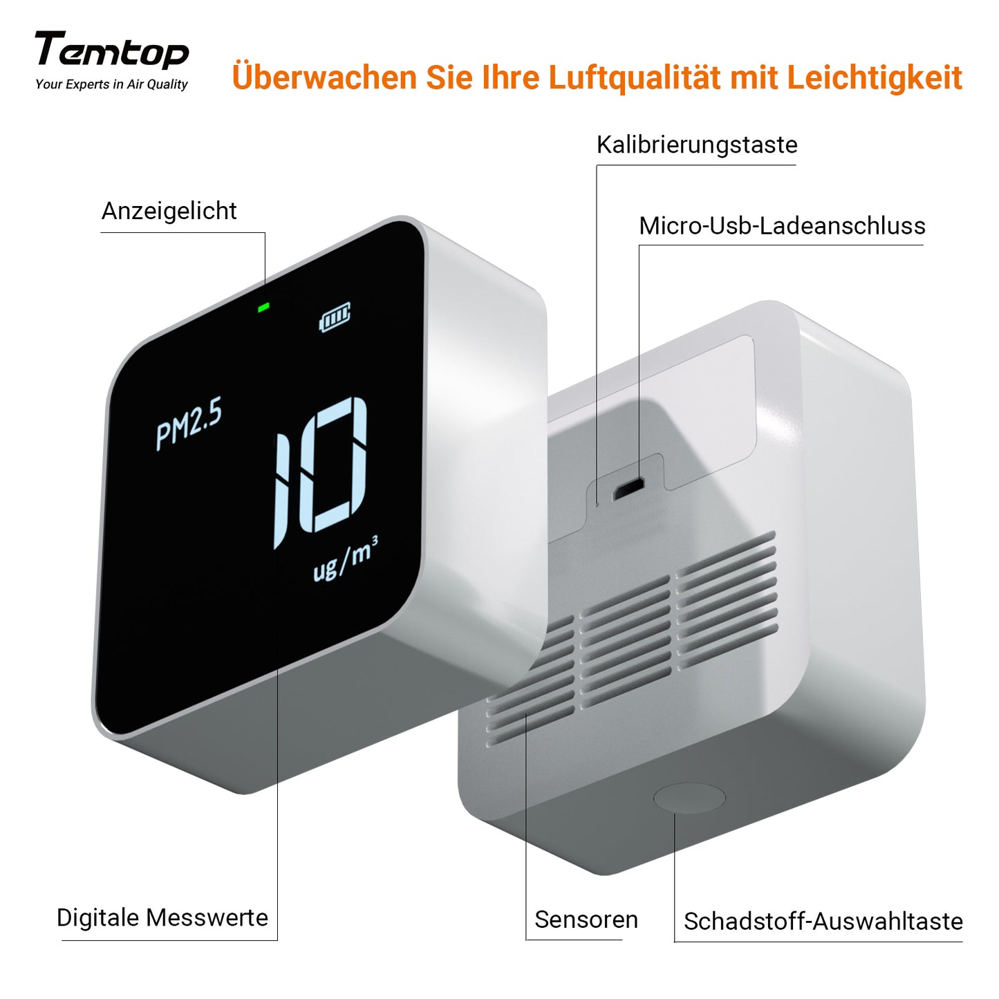 Temtop M10i WiFi-Luftqualitätsmonitor für PM2,5 TVOC AQI HCHO Formaldehyd-Detektor Echtzeit-Datenaufzeichnung