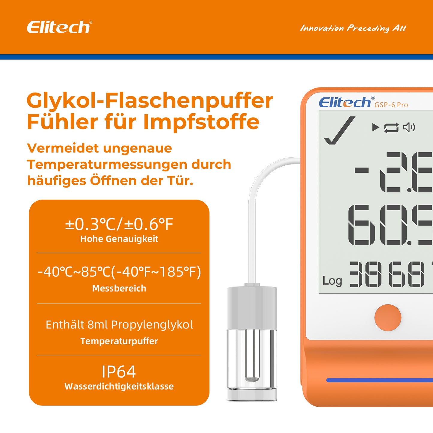 Elitech GSP-6Pro Bluetooth Temperatur- und Feuchtigkeits-Datenlogger mit Kalibrierzertifikat, 100.000 Messpunkte, Shadow Data