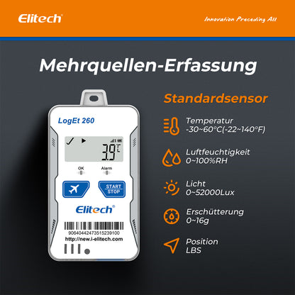 Elitech Loget 260-TH 4G wiederverwendbarer Echtzeit-Temperatur- und Feuchtigkeitsdatenlogger mit Licht-/Stoß-/Standorterfassung, integrierter SIM-Karte, 100.000 Messpunkten