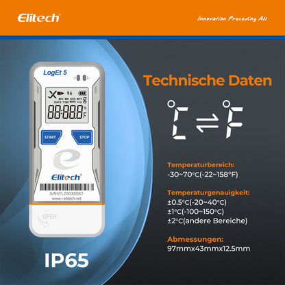 Elitech LogEt 5 T Temperatur-Datenlogger, wiederverwendbarer Rekorder, Shadow-Daten-Funktion, automatischer PDF-/CSV-Bericht, 32.000 Messwerte