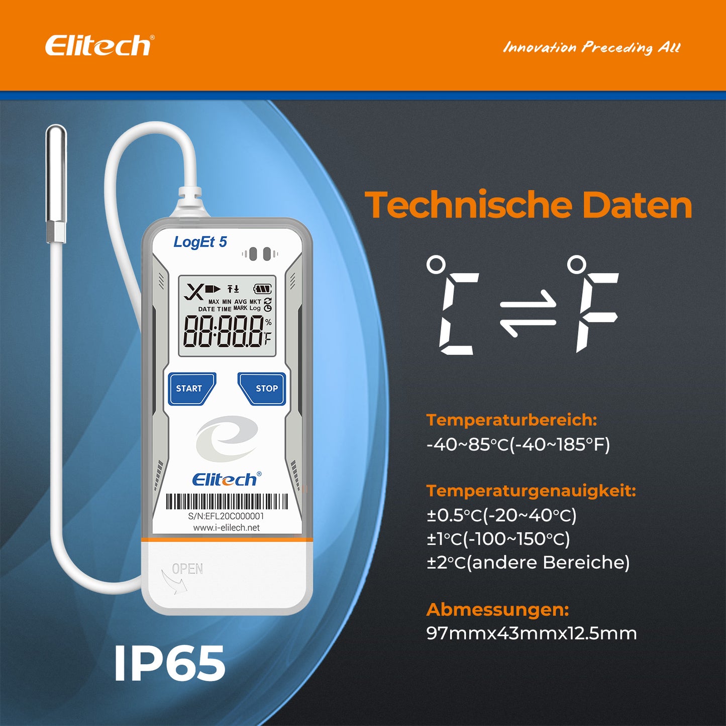 Elitech LogEt 5 THE Temperatur- und Feuchtigkeits-Datenlogger, wiederverwendbarer Rekorder mit externem Fühler, Shadow-Daten-Funktion, automatischer PDF-/CSV-Bericht, 32.000 Messwerte