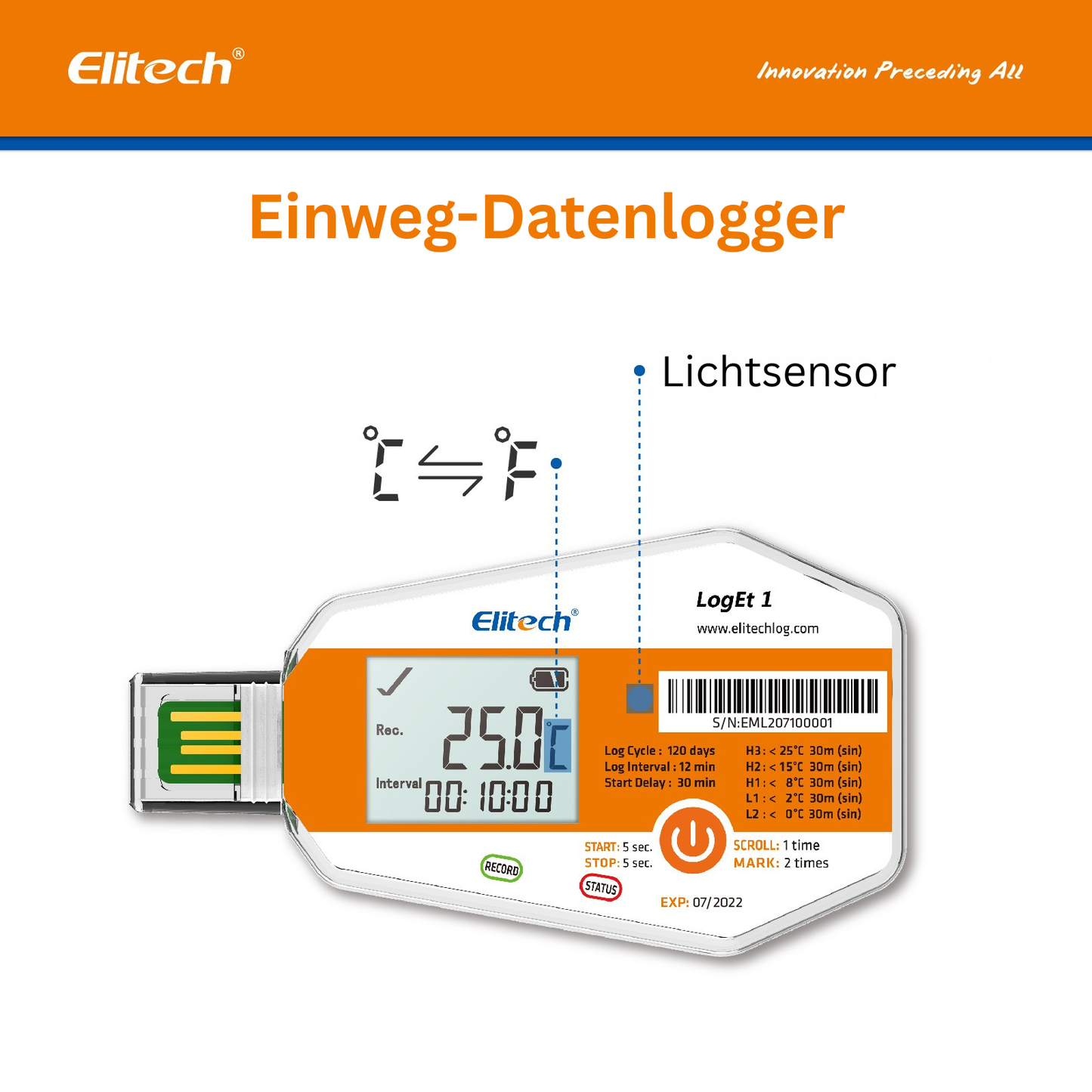 Elitech LogEt-1 Einweg-Temperaturdatenlogger, Einweg-Temperaturaufzeichner für Impfstoffe und Pharmazeutika