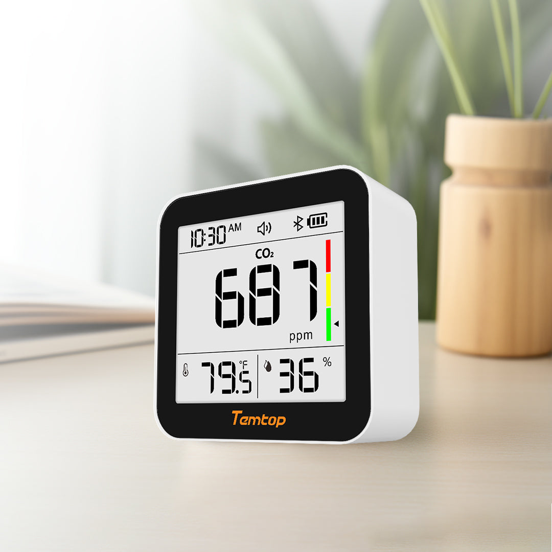 Temtop C10 2. Generation E-Ink-Display CO₂-Monitor – Innenraum-Luftqualitätsmonitor für CO₂, Temperatur und Luftfeuchtigkeit mit App und Datenhistorie