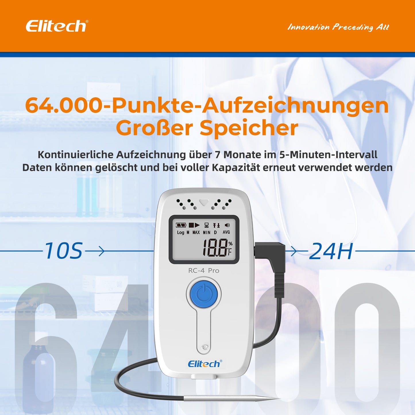 Elitech RC-4 Pro PDF USB Digitaler Temperatur-Datenlogger, wiederverwendbarer Recorder, DDL mit 64.000 Messpunkten, hohe Genauigkeit, Shadow Data, integrierter Summer, automatische PDF-/CSV-Berichte, Windows/MacOS-Software
