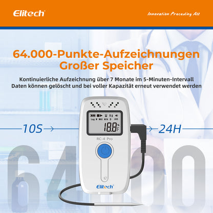 Elitech RC-4 Pro PDF USB Digitaler Temperatur-Datenlogger, wiederverwendbarer Recorder, DDL mit 64.000 Messpunkten, hohe Genauigkeit, Shadow Data, integrierter Summer, automatische PDF-/CSV-Berichte, Windows/MacOS-Software