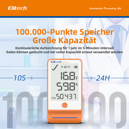 Elitech GSP-6Pro Bluetooth Temperatur- und Feuchtigkeits-Datenlogger mit Kalibrierzertifikat, 100.000 Messpunkte, Shadow Data