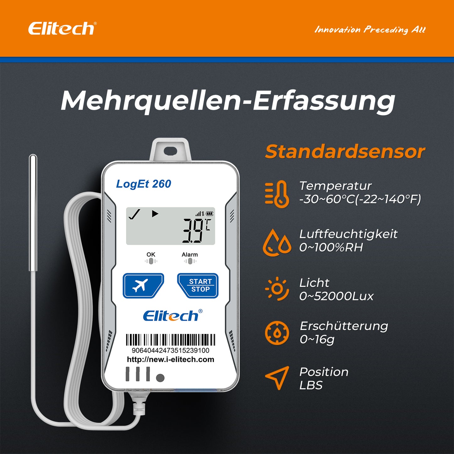 Elitech Loget 260-THE 4G wiederverwendbarer Echtzeit-Temperatur- und Feuchtigkeitsdatenlogger mit externem Fühler, Licht-/Stoß-/Standorterfassung, integrierter SIM-Karte, 100.000 Messpunkten
