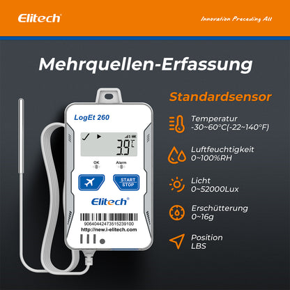 Elitech Loget 260-THE 4G wiederverwendbarer Echtzeit-Temperatur- und Feuchtigkeitsdatenlogger mit externem Fühler, Licht-/Stoß-/Standorterfassung, integrierter SIM-Karte, 100.000 Messpunkten