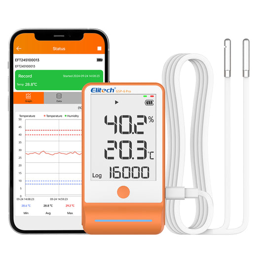 Elitech GSP-6Pro TE&THE Bluetooth Temperatur- und Feuchtigkeits-Datenlogger mit Kalibrierzertifikat, 100.000 Messpunkte, Shadow Data