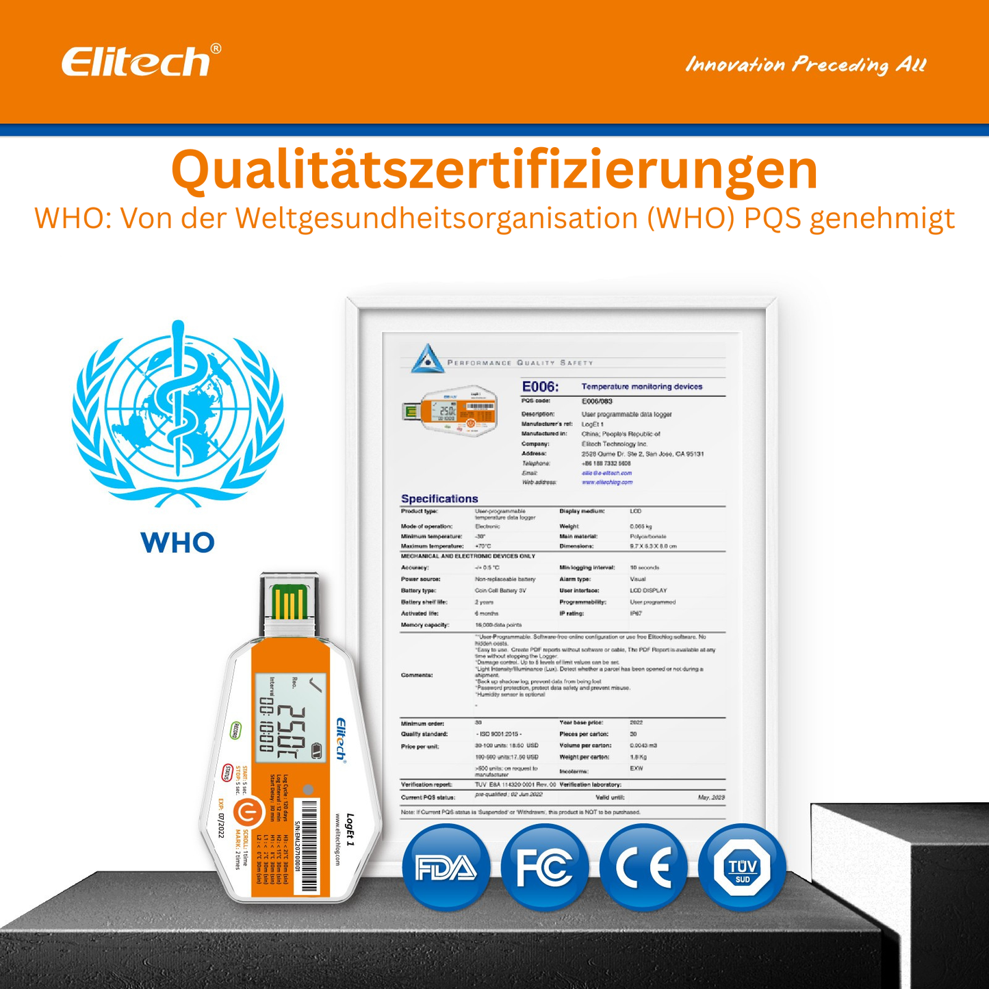 Elitech LogEt-1 Einweg-Temperaturdatenlogger, Einweg-Temperaturaufzeichner für Impfstoffe und Pharmazeutika