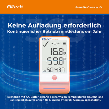 Elitech GSP-6Pro Bluetooth Temperatur- und Feuchtigkeits-Datenlogger mit Kalibrierzertifikat, 100.000 Messpunkte, Shadow Data