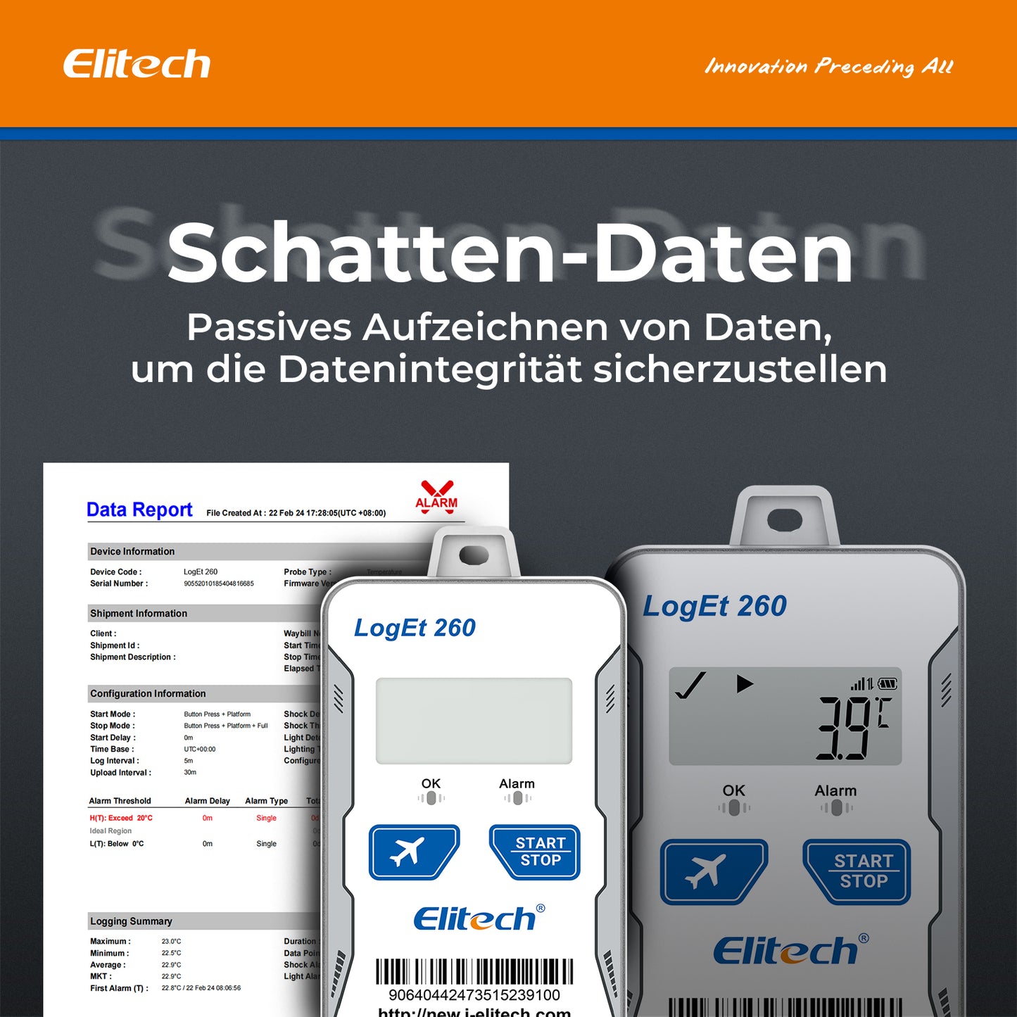 Elitech Loget 260-TH 4G wiederverwendbarer Echtzeit-Temperatur- und Feuchtigkeitsdatenlogger mit Licht-/Stoß-/Standorterfassung, integrierter SIM-Karte, 100.000 Messpunkten