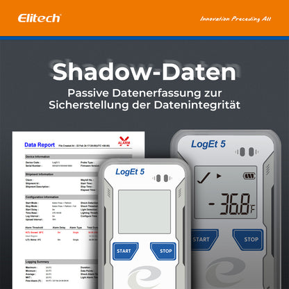 Elitech LogEt 5 THE Temperatur- und Feuchtigkeits-Datenlogger, wiederverwendbarer Rekorder mit externem Fühler, Shadow-Daten-Funktion, automatischer PDF-/CSV-Bericht, 32.000 Messwerte