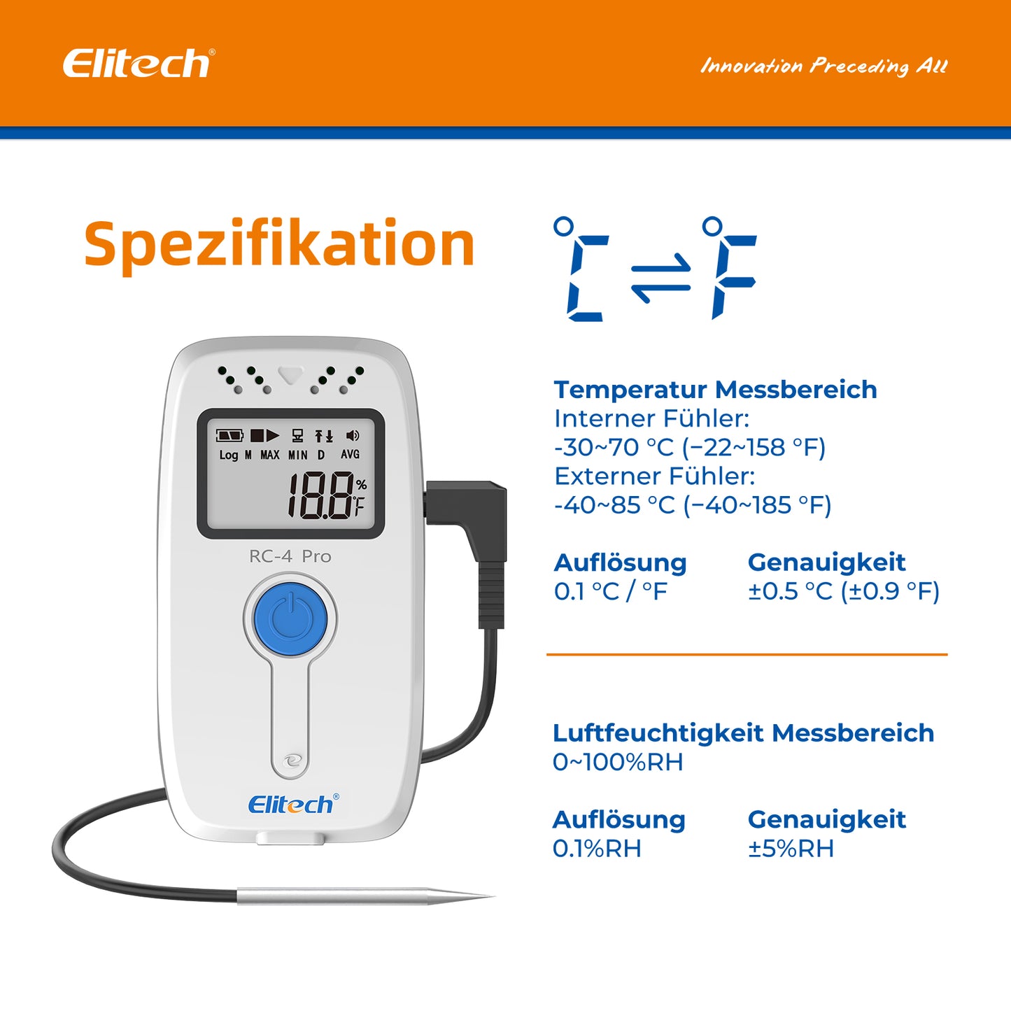 Elitech RC-4 Pro PDF USB Digitaler Temperatur-Datenlogger, wiederverwendbarer Recorder, DDL mit 64.000 Messpunkten, hohe Genauigkeit, Shadow Data, integrierter Summer, automatische PDF-/CSV-Berichte, Windows/MacOS-Software