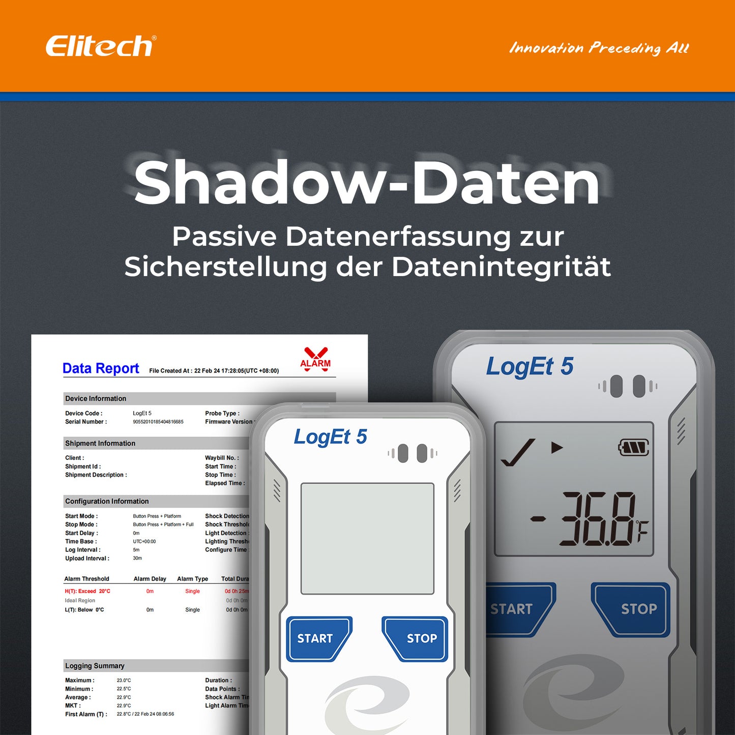 Elitech LogEt 5 T Temperatur-Datenlogger, wiederverwendbarer Rekorder, Shadow-Daten-Funktion, automatischer PDF-/CSV-Bericht, 32.000 Messwerte