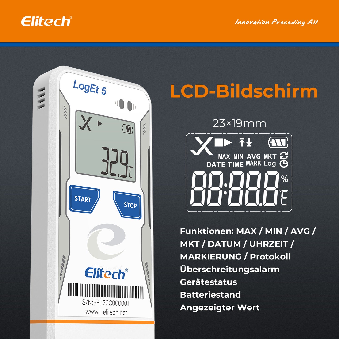Elitech LogEt 5 TH Temperatur- und Feuchtigkeits-Datenlogger, wiederverwendbarer Rekorder, Shadow-Daten-Funktion, automatischer PDF-/CSV-Bericht, 32.000 Messwerte