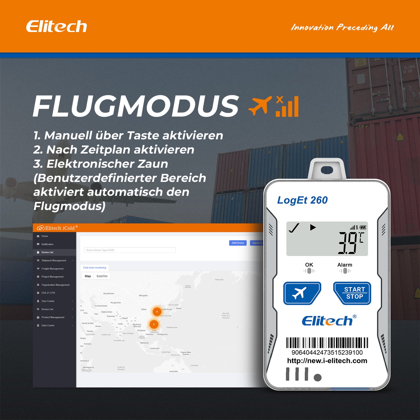 Elitech Loget 260-TH 4G wiederverwendbarer Echtzeit-Temperatur- und Feuchtigkeitsdatenlogger mit Licht-/Stoß-/Standorterfassung, integrierter SIM-Karte, 100.000 Messpunkten