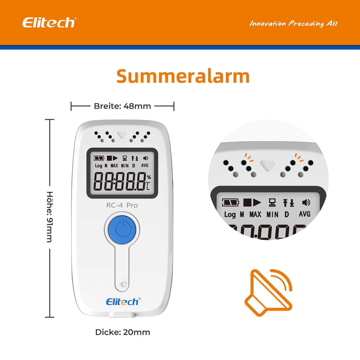 Elitech RC-4 Pro PDF USB Digitaler Temperatur-Datenlogger, wiederverwendbarer Recorder, DDL mit 64.000 Messpunkten, hohe Genauigkeit, Shadow Data, integrierter Summer, automatische PDF-/CSV-Berichte, Windows/MacOS-Software