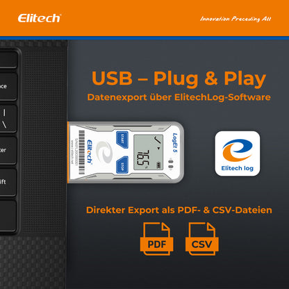 Elitech LogEt 5 T Temperatur-Datenlogger, wiederverwendbarer Rekorder, Shadow-Daten-Funktion, automatischer PDF-/CSV-Bericht, 32.000 Messwerte