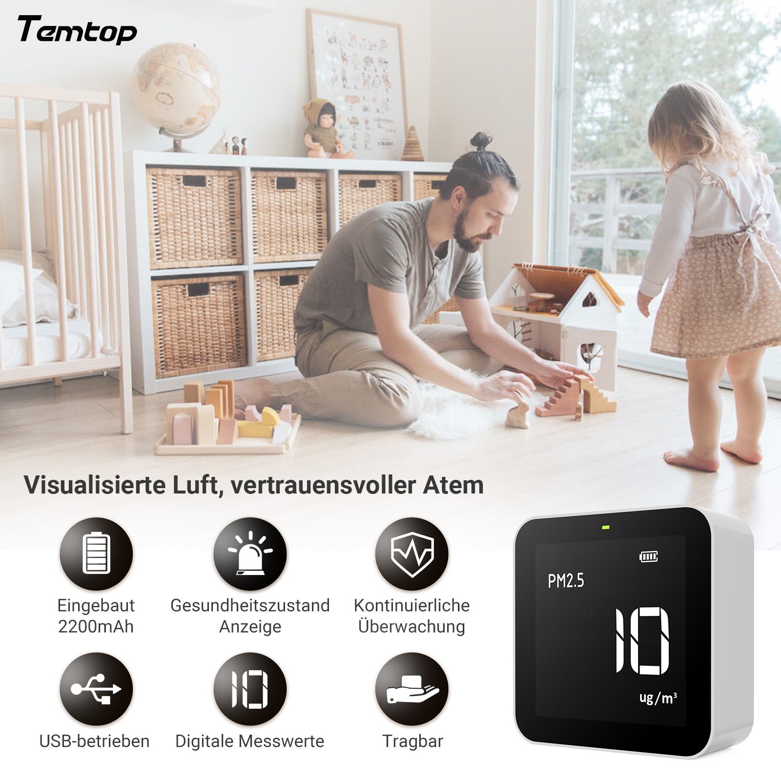 Temtop M10 CO2 Monitor Luftqualitätsmonitor 6-in-1 für PM2.5, VOC, CO2, Temperatur & Luftfeuchtigkeit mit Bluetooth Hygrometer Thermometer mit Datum/Uhrzeit Anzeige (±1°C ±5% RH) – Kombi-Set zur pr Temtop M10 CO2 Monitor Luftqualitätsmonitor 6-in-1 für PM2.5, VOC, CO2, Temperatur & Luftfeuchtigkeit mit Bluetooth Hygrometer Thermometer mit Datum/Uhrzeit Anzeige (±1°C ±5% RH) – Kombi-Set zur pr