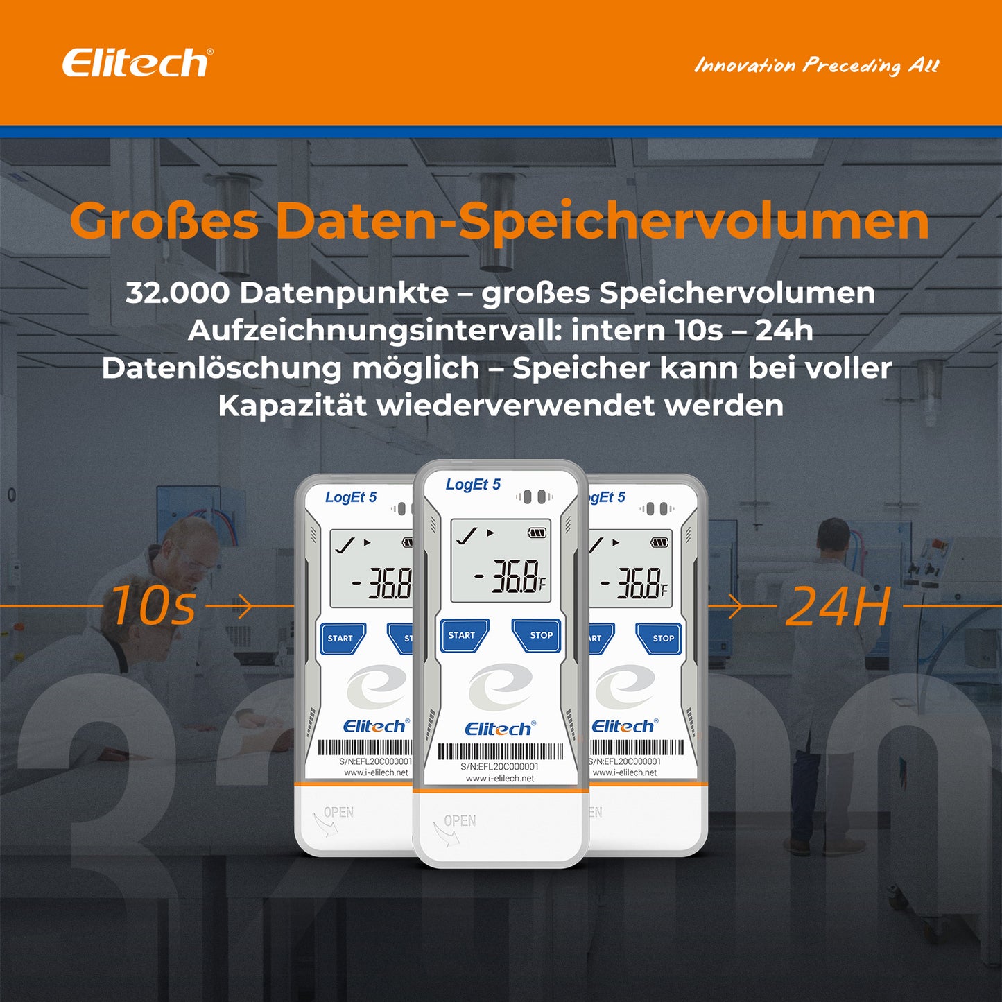 Elitech LogEt 5 T Temperatur-Datenlogger, wiederverwendbarer Rekorder, Shadow-Daten-Funktion, automatischer PDF-/CSV-Bericht, 32.000 Messwerte