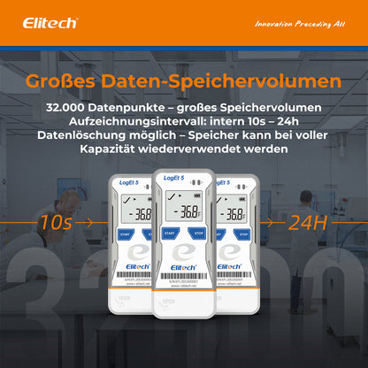 Elitech LogEt 5 T Temperatur-Datenlogger, wiederverwendbarer Rekorder, Shadow-Daten-Funktion, automatischer PDF-/CSV-Bericht, 32.000 Messwerte