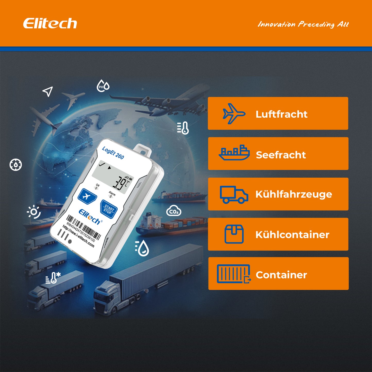 Elitech Loget 260-TH 4G wiederverwendbarer Echtzeit-Temperatur- und Feuchtigkeitsdatenlogger mit Licht-/Stoß-/Standorterfassung, integrierter SIM-Karte, 100.000 Messpunkten