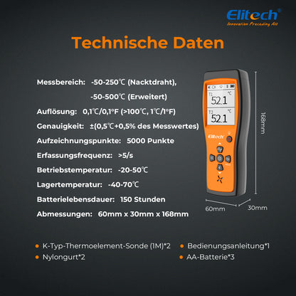 Elitech ICT-220 Bluetooth Dual Thermocouple Thermometer – Hochpräzisions-K-Typ-Temperatursensor mit App
