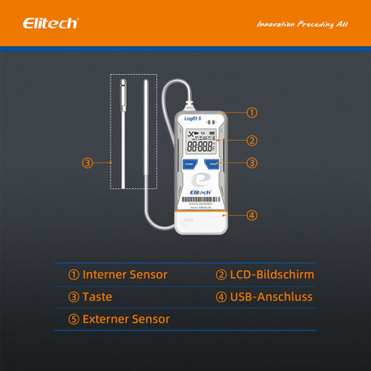 Elitech LogEt 5 THE Temperatur- und Feuchtigkeits-Datenlogger, wiederverwendbarer Rekorder mit externem Fühler, Shadow-Daten-Funktion, automatischer PDF-/CSV-Bericht, 32.000 Messwerte