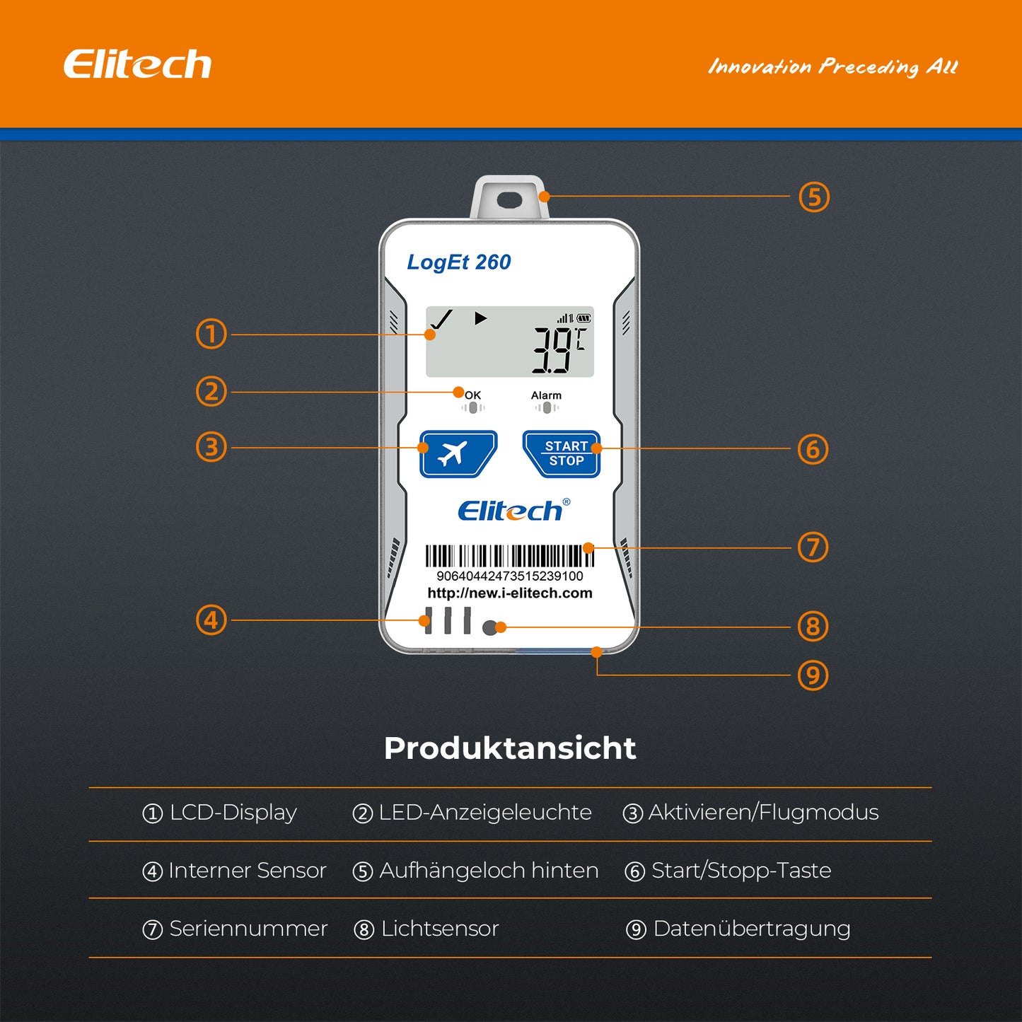 Elitech Loget 260-TH 4G wiederverwendbarer Echtzeit-Temperatur- und Feuchtigkeitsdatenlogger mit Licht-/Stoß-/Standorterfassung, integrierter SIM-Karte, 100.000 Messpunkten