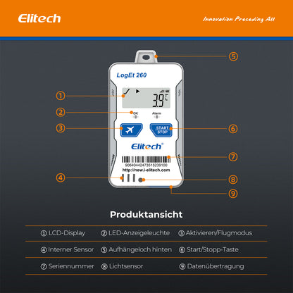 Elitech Loget 260-TH 4G wiederverwendbarer Echtzeit-Temperatur- und Feuchtigkeitsdatenlogger mit Licht-/Stoß-/Standorterfassung, integrierter SIM-Karte, 100.000 Messpunkten