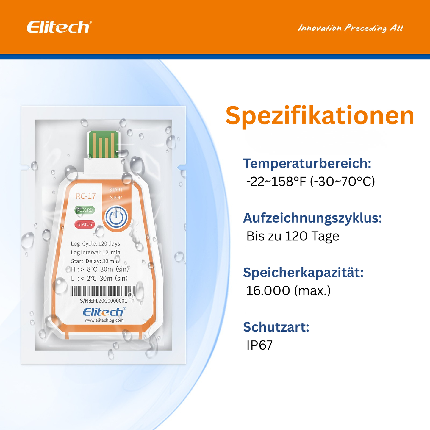 Elitech RC-17 Einweg-Temperatur-Datenlogger, USB-PDF-Bericht, Zweifarbige Anzeige