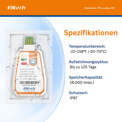 Elitech RC-17 Einweg-Temperatur-Datenlogger, USB-PDF-Bericht, Zweifarbige Anzeige