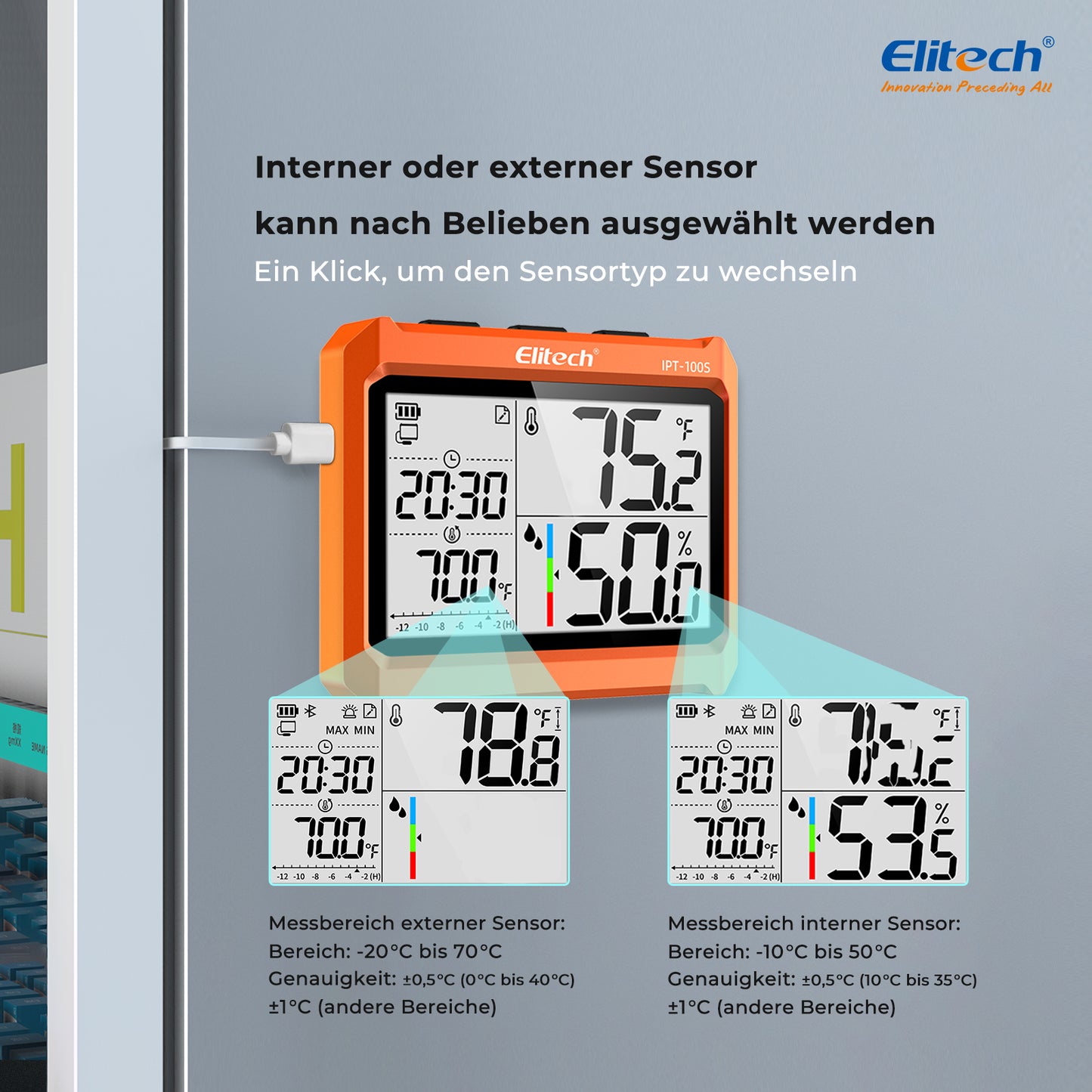 Elitech IPT-100S Digitales Thermometer-Hygrometer, Kühlschrankthermometer mit externem Temperaturfühler, kostenloser Datenspeicher-Export, 5.000 Messwerte