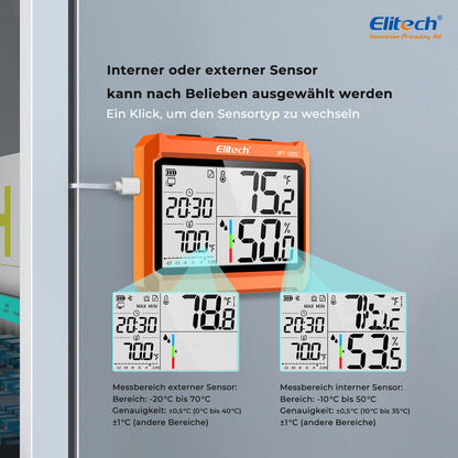 Elitech IPT-100S Digitales Thermometer-Hygrometer, Kühlschrankthermometer mit externem Temperaturfühler, kostenloser Datenspeicher-Export, 5.000 Messwerte