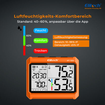 Elitech IPT-100S Digitales Thermometer-Hygrometer, Kühlschrankthermometer mit externem Temperaturfühler, kostenloser Datenspeicher-Export, 5.000 Messwerte