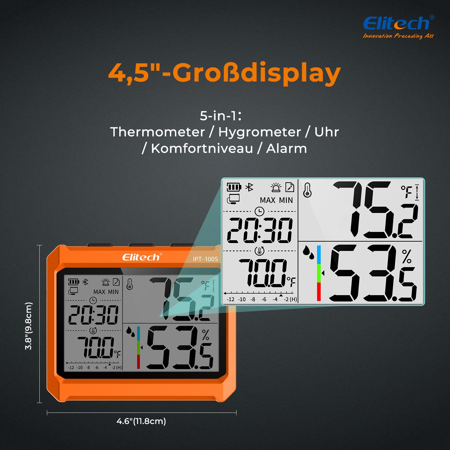 Elitech IPT-100S Digitales Thermometer-Hygrometer, Kühlschrankthermometer mit externem Temperaturfühler, kostenloser Datenspeicher-Export, 5.000 Messwerte