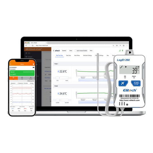 Elitech Loget 260-THE 4G wiederverwendbarer Echtzeit-Temperatur- und Feuchtigkeitsdatenlogger mit externem Fühler, Licht-/Stoß-/Standorterfassung, integrierter SIM-Karte, 100.000 Messpunkten