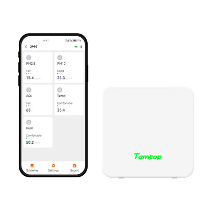 Temtop P2 Luftqualitätsmonitor, PM2,5, PM10, CO₂, Temperatur- und Feuchtigkeitsdetektor für Zuhause/Büro | Präzise PM2,5-, CO₂- und AQI-Messwerte mit Bluetooth-App