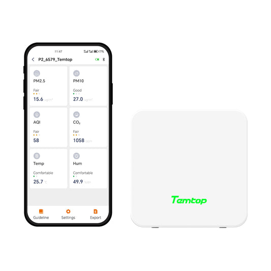 Temtop P2 Luftqualitätsmonitor, PM2,5, PM10, CO₂, Temperatur- und Feuchtigkeitsdetektor für Zuhause/Büro | Präzise PM2,5-, CO₂- und AQI-Messwerte mit Bluetooth-App