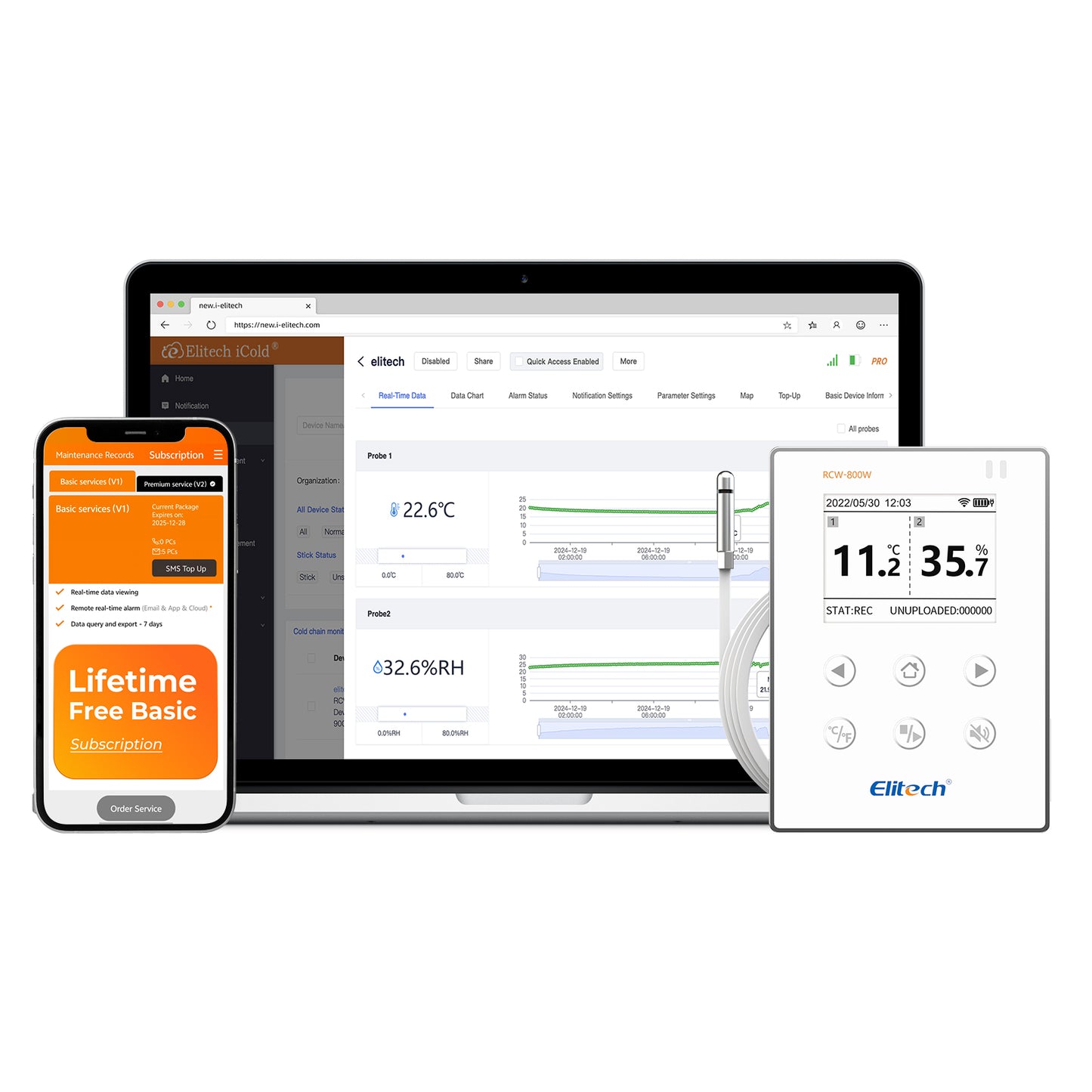 Elitech RCW-800W-THE Kabelloser Datenlogger für Temperatur und Luftfeuchtigkeit, WIFI-Fernrekorder für Kühlschränke